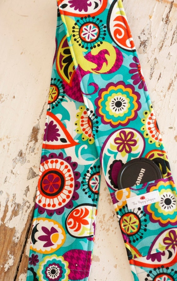 DSLR Camera Strap Cover- lens cap pocket and padding included- Turquoise/ Blue Bright Pattern