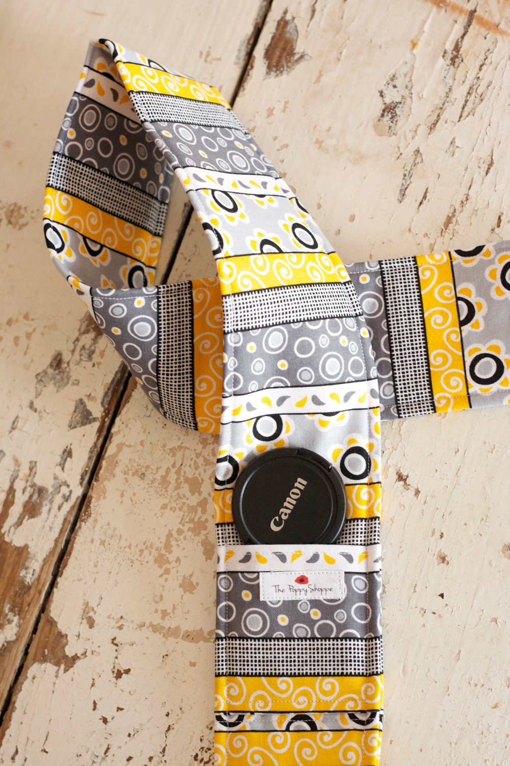DSLR Camera Strap Cover- lens cap pocket and padding included- Modern Gray & Yellow Striped