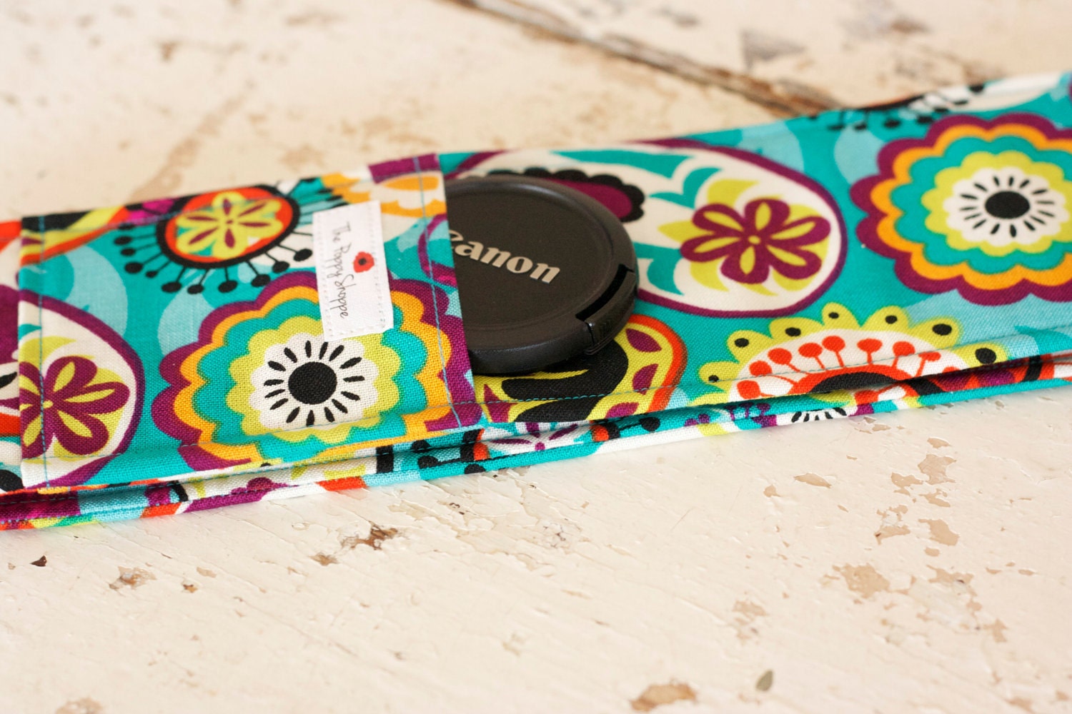 DSLR Camera Strap Cover- lens cap pocket and padding included- Turquoise/ Blue Bright Pattern