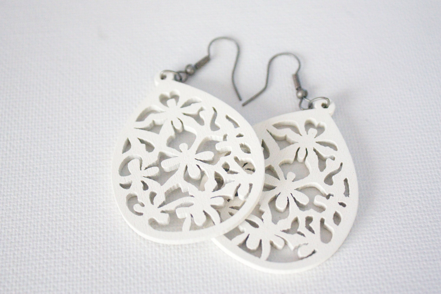 White Wooden Tear Drop Dangles