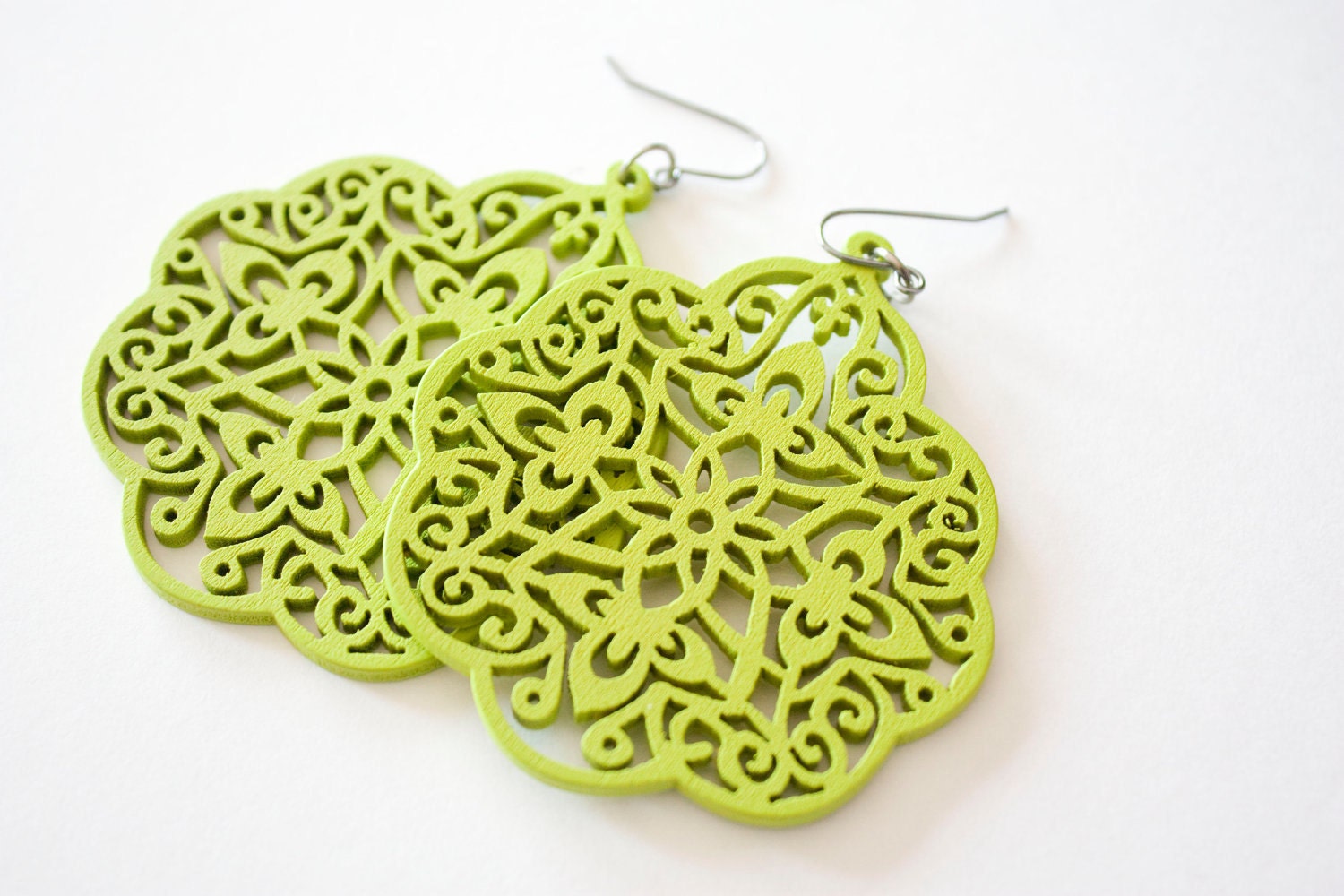 Apple Green Wooden Lace Dangles