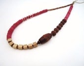 pink tribal necklace indie necklace bohemian necklace wooden beaded lava hemp coconut necklace  brown and coral recycled