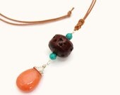 peach pendant necklace long necklace wire wrapped stone pendant gemstone necklace rosewood turquoise