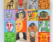 blockheads no. seven ORIGINAL MODERN ART wooden cubes 16 portraits wood  by Elizabeth Rosen