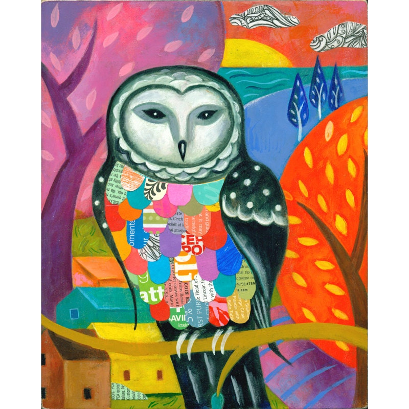 White Owl collage word art  ORIGINAL ART 8x10  by Elizabeth Rosen