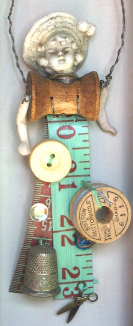bisque doll ornament ORIGINAL vintage sewing child hat by Elizabeth Rosen