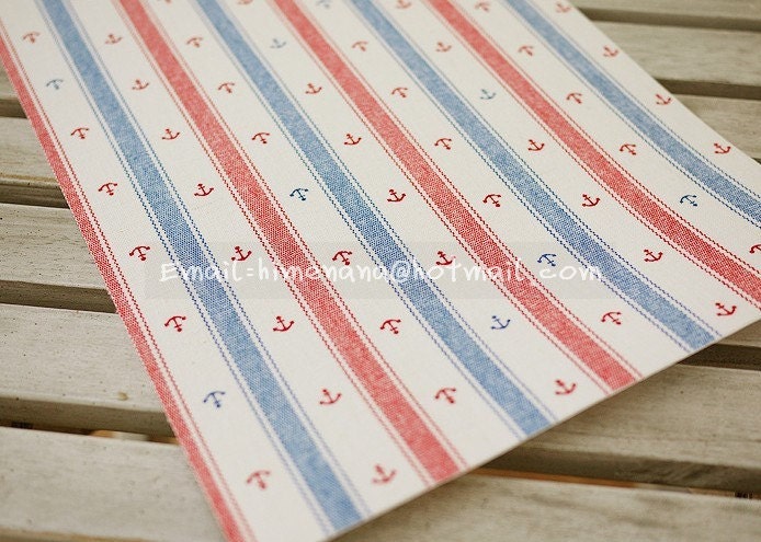 8990A - 1 yard Japanese Cotton Linen Fabric - Sea Anchor Stripe - Blue and Red