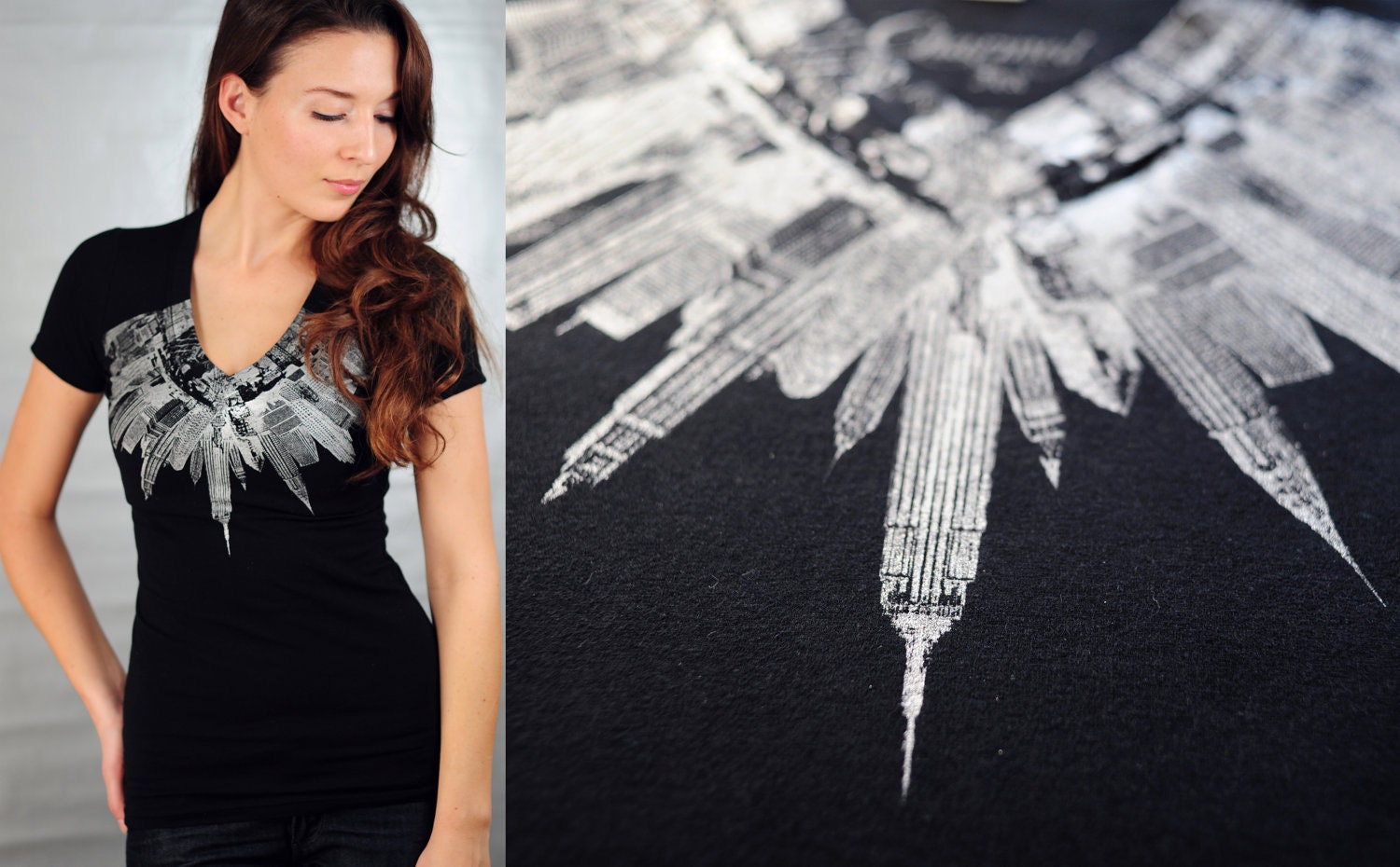 NYC hand silkscreened Shirt ....NYC skline necklace black v-neck shirt made of bamboo, organic cotton, and spandex