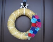 Spring or Summer Front Door Wreath, Ladybug Love, 14 inch yarn and felt wreath