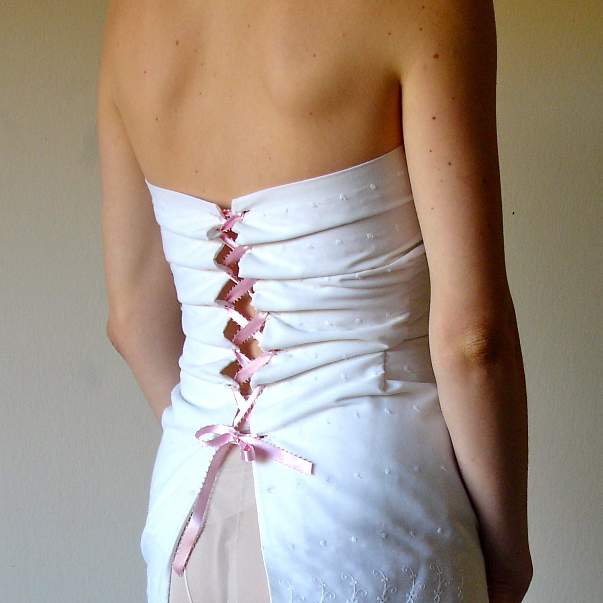 Lace-up wedding corset blouse - White cotton, romantic eyelets & sexy pink ribbon - Handmade, hand stitched