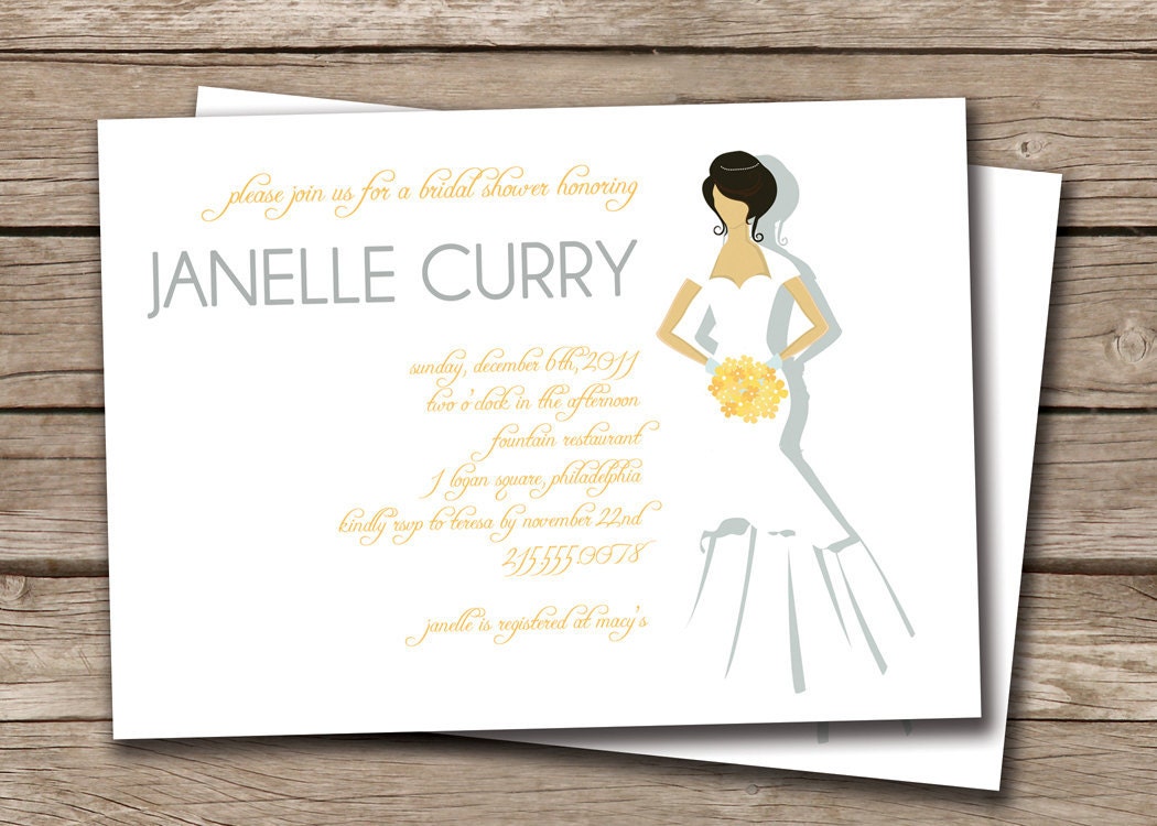 Bridal Shower Invitation Bride Silhouette Mermaid Trumpet Wedding Gown Shower Invitations DIY Digital or Printed - Janelle Style