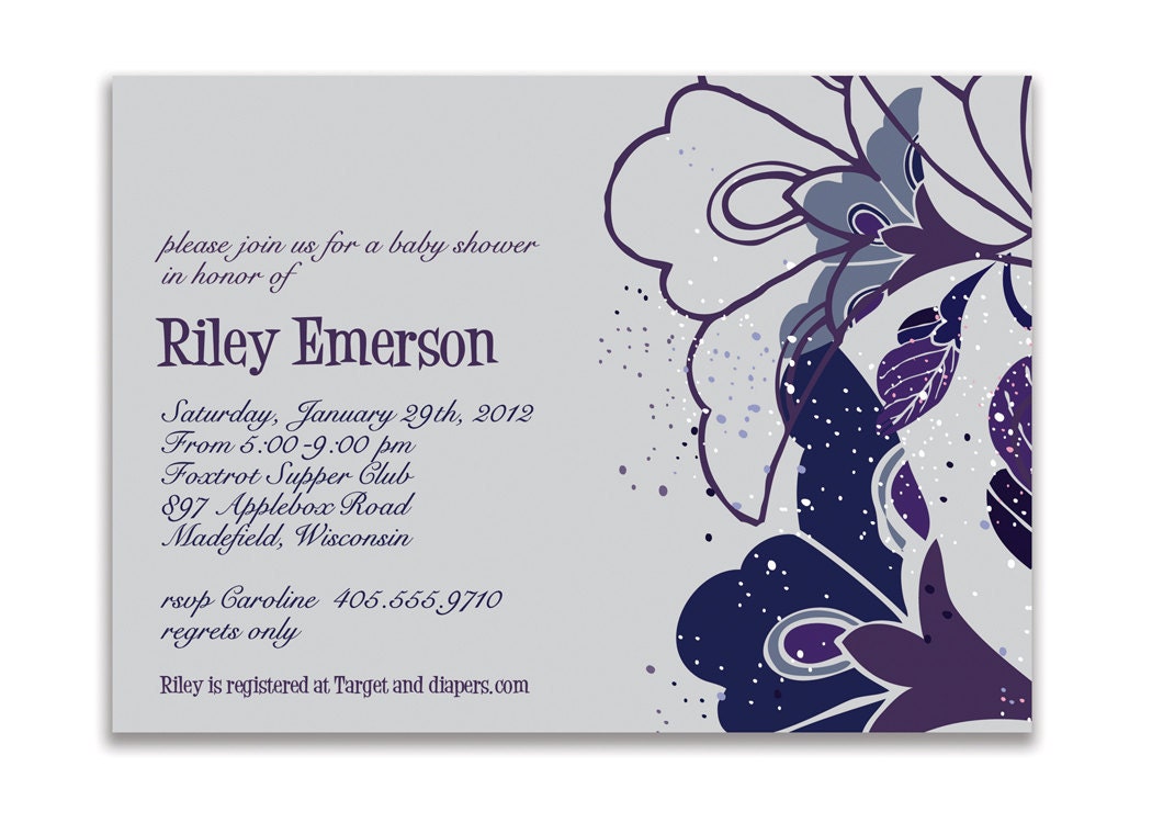 Riley Purple Blue Floral Invitation Card. Birthday Surprise Party Wedding or Bridal Baby Shower. Printable or I Print.