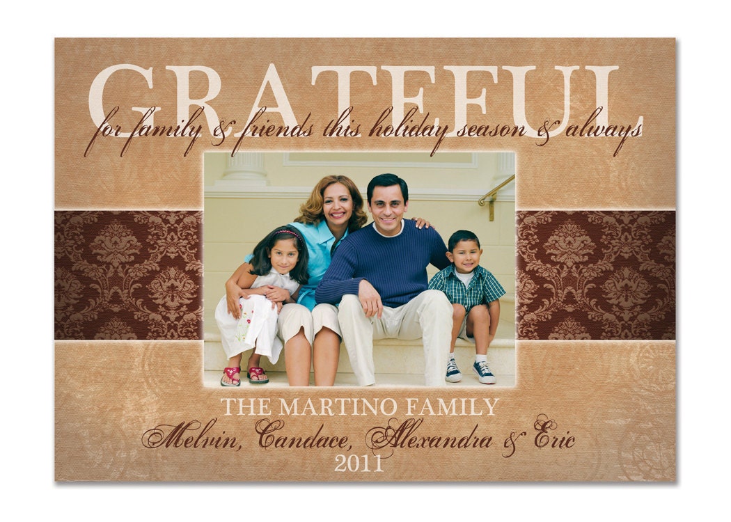 Martino Family Grateful Photo Holiday Christmas Greeting Card. Fall Autumn Damask. DIY Printable Digital File or I Print.