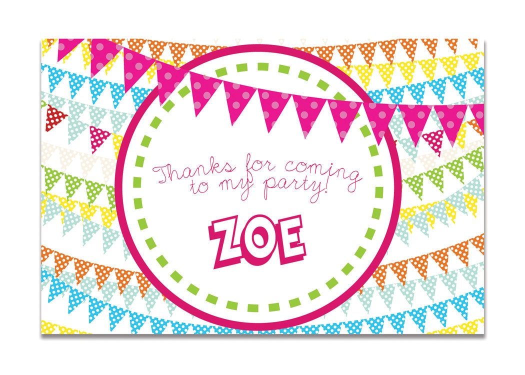 Zoe Pennant Banner Printable Thank You Card. Birthday, Graduation. Rainbow, Pink & Green. Made to Match with Invitation design