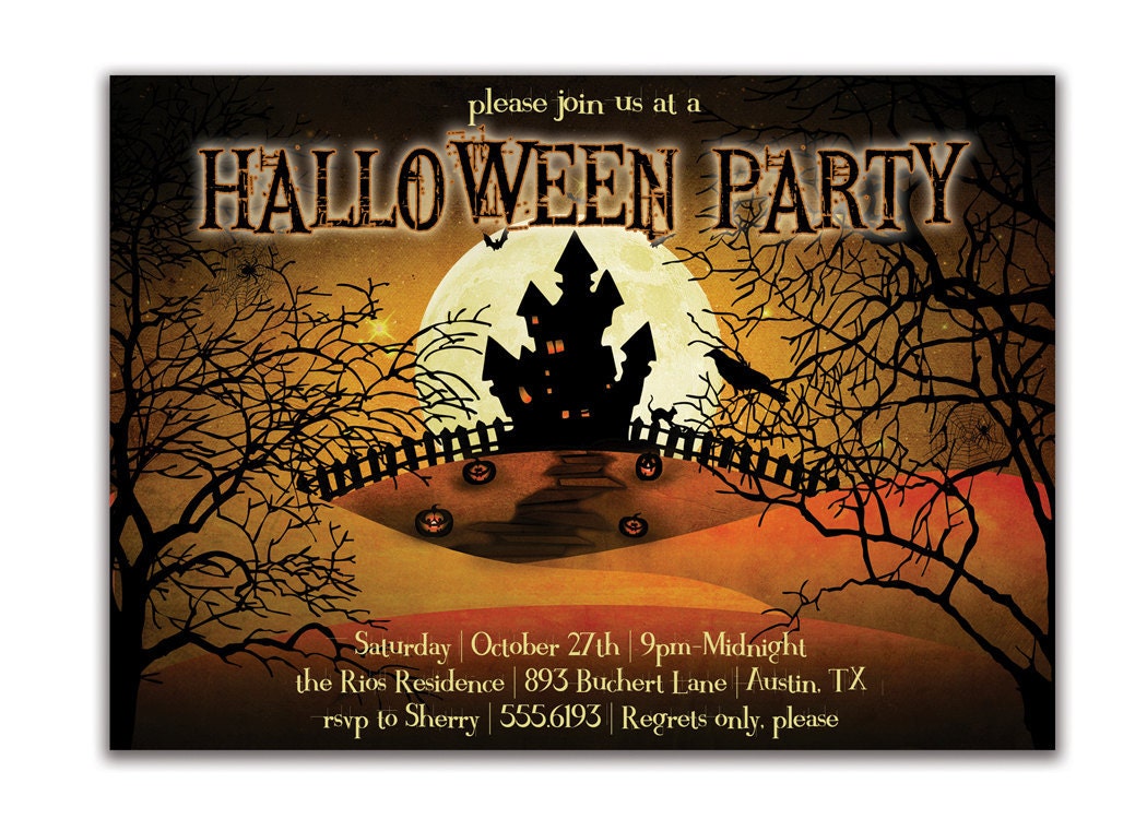 Halloween Party Invitation Dark Haunted House Silhouette Bats Spooky Ghosts Fall Autumn Invitation DIY Digital or Printed- Rios Style