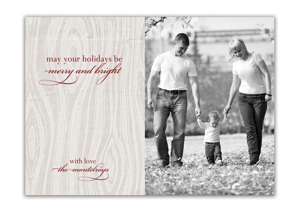 Photo Christmas Card Rustic Wood Grain Script Typography Black and White Holiday Card Greeting Card DIY Digital or Printed - Montelroy style