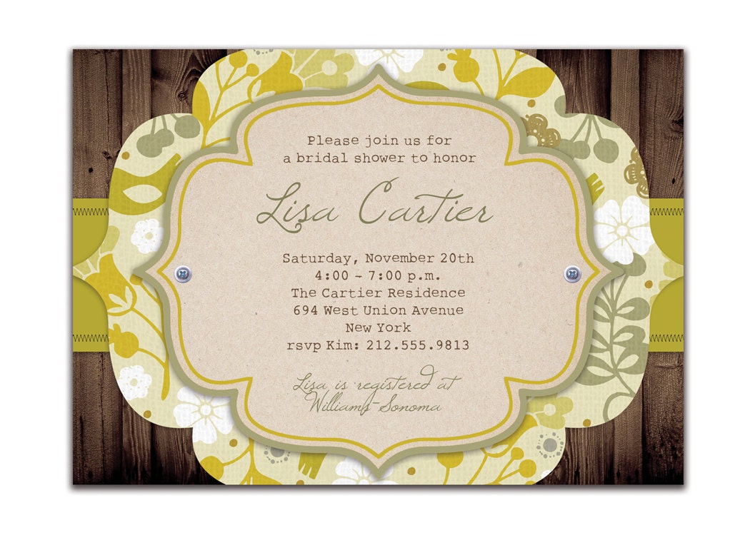 Rustic Bridal Shower Invitation Vintage Baby Shower Rustic Wedding Invitation Sage Yellow Flowers & Wood DIY Digital or Printed - Lisa Style