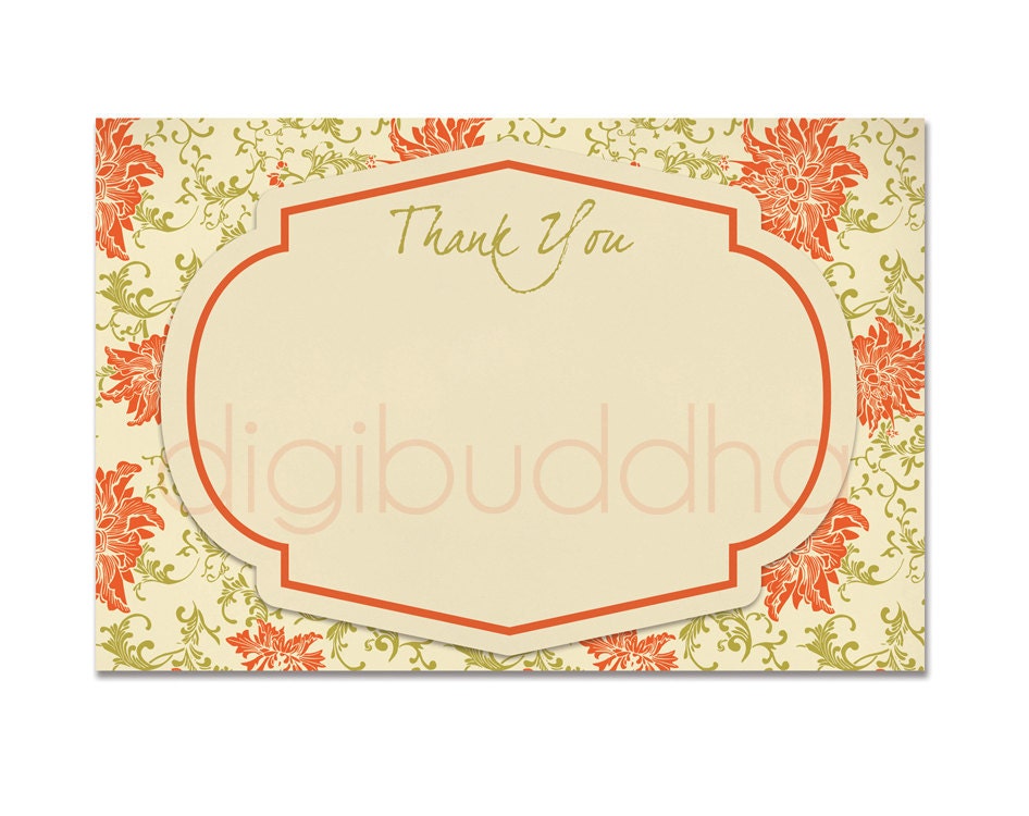 Thank You Card Rustic Bridal Shower Shabby Chic Thank You Note Floral Baby Shower Orange Sage Green DIY Digital or Printed - Laurel Style