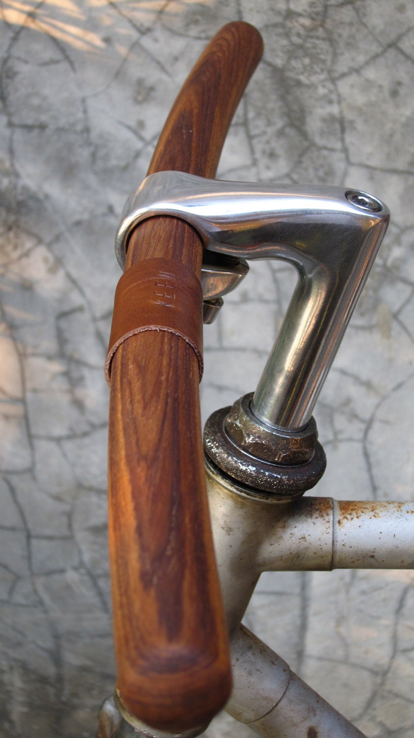 bicycle handlebar -round tip at both ends- leather monogram of "your name"-solid TEAK wood-genuine leather