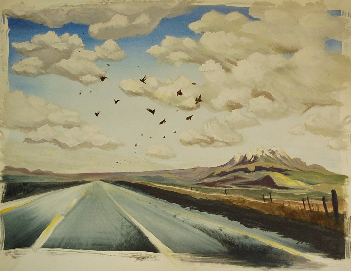 original highway landscape watercolor painting, wyoming road with swallows