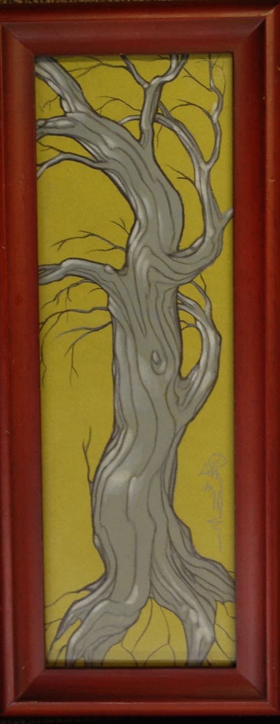 grey tree in red frame, narrow original art