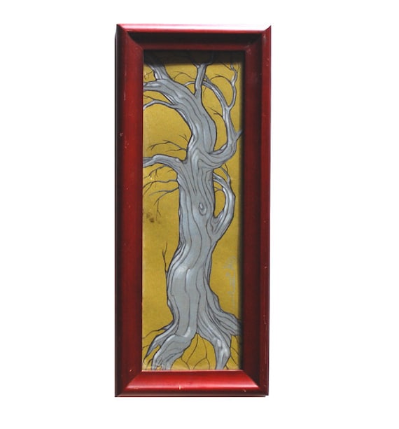 grey tree in red frame, narrow original art
