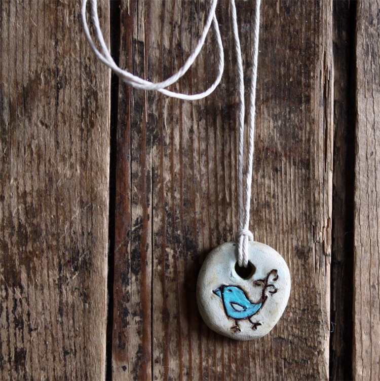 bird pendant - aqua blue with natural hemp cord necklace , polymer clay charm, boho jewelry