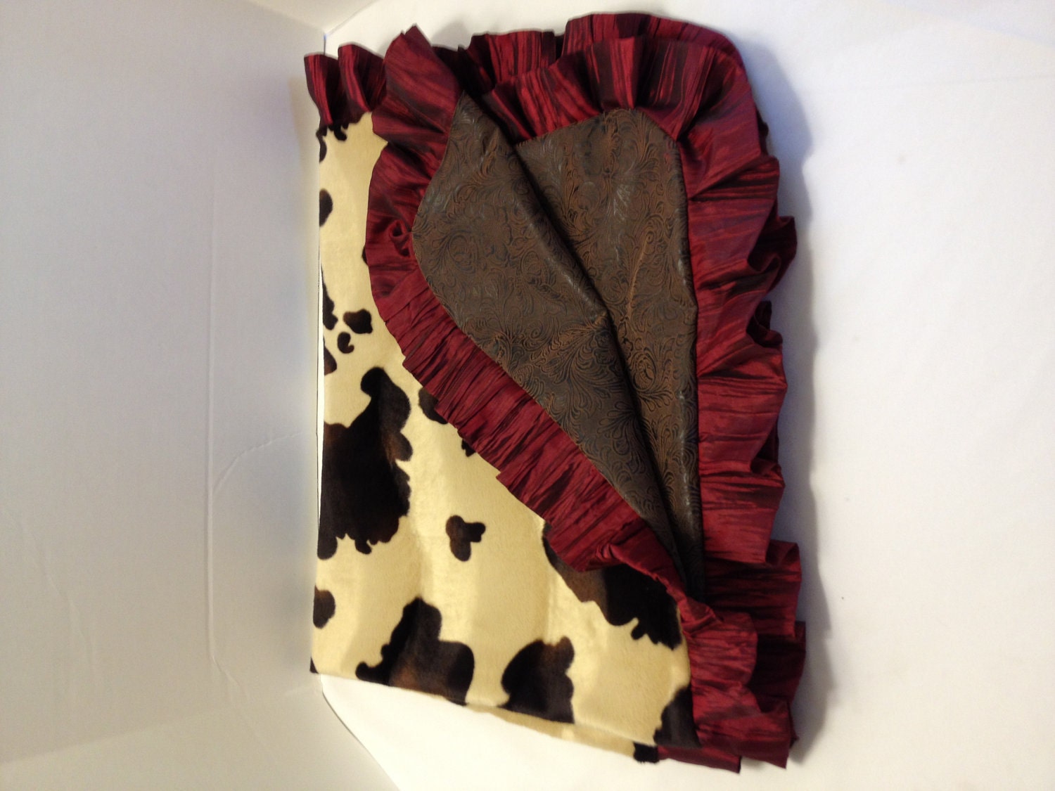 Western Baby Blanket Cow Print and Brown With Red Ruffle