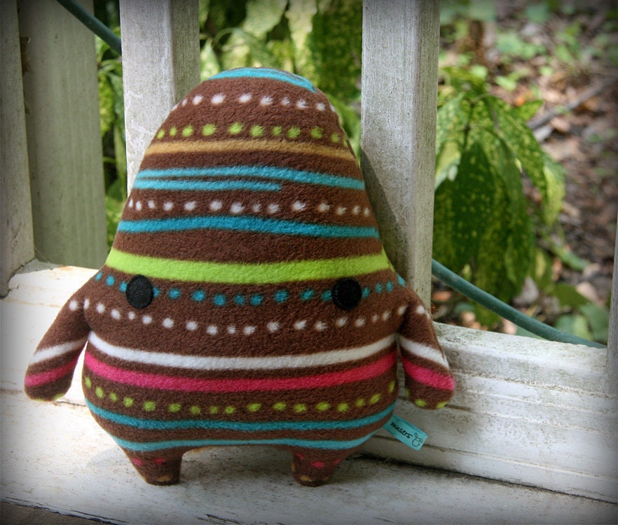 Toptooth Striped, stuffed animal plush alien creature, brown fleece, stripes plush spring Muser