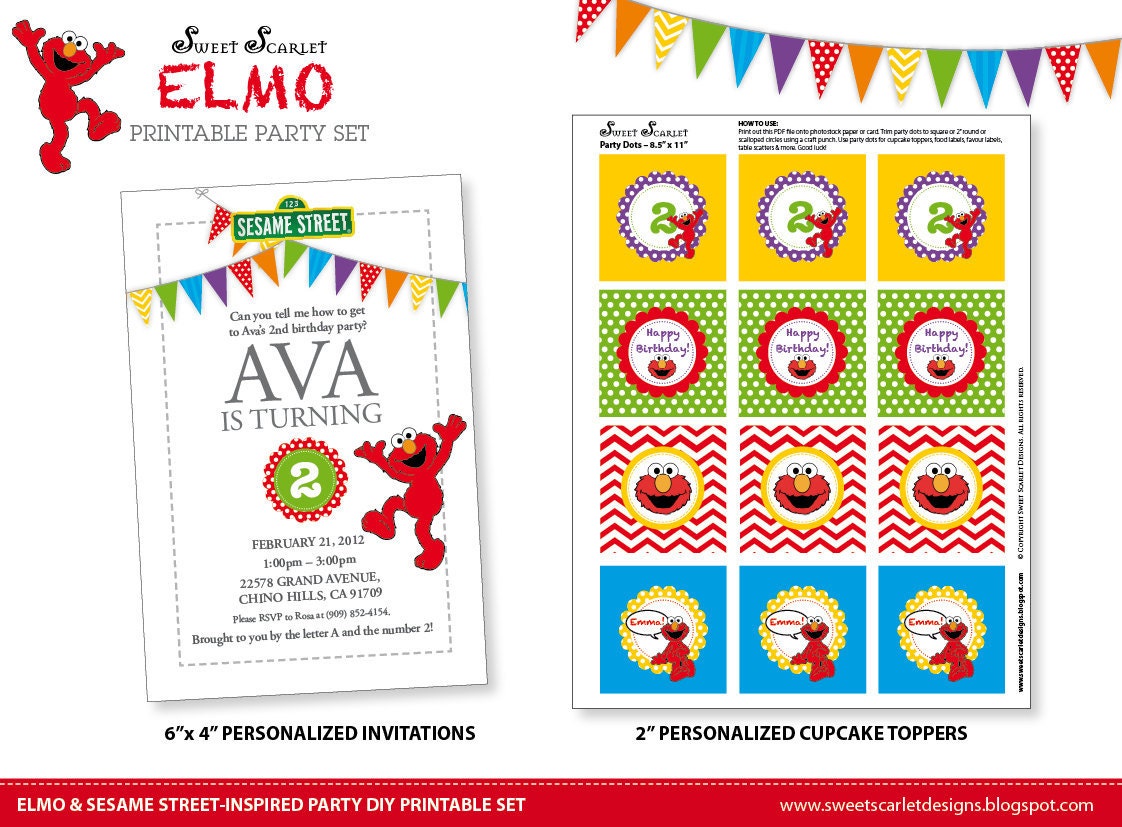 ELMO Birthday Party Printable Set - Sesame Street-inspired Invitations, Cupcake Toppers, Party Banner & more Il_570xn