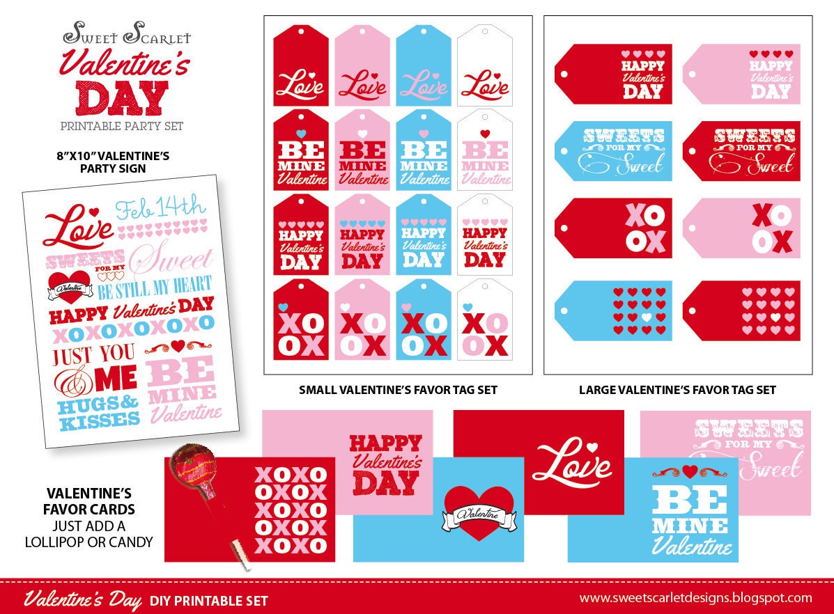 VALENTINES Printable Set - Includes Cupcake Toppers, Favor Tags, Candy Wrappers, Party Sign and more