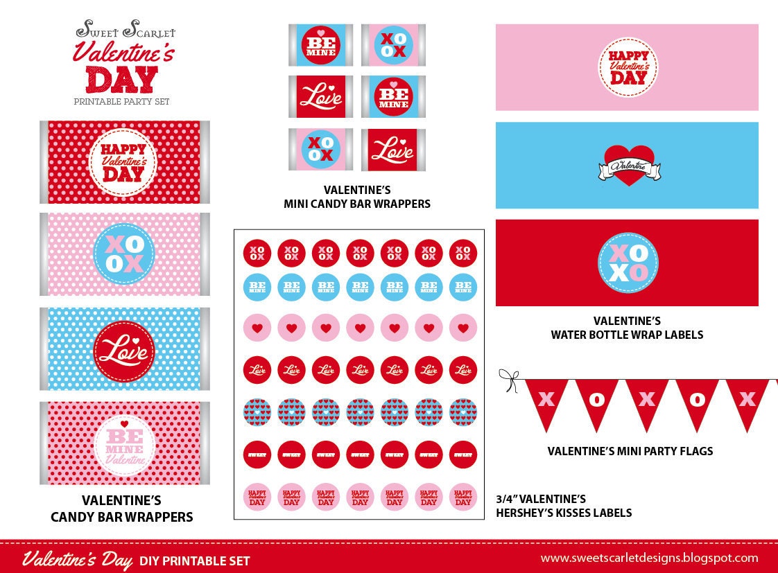 VALENTINES Printable Set - Includes Cupcake Toppers, Favor Tags, Candy Wrappers, Party Sign and more