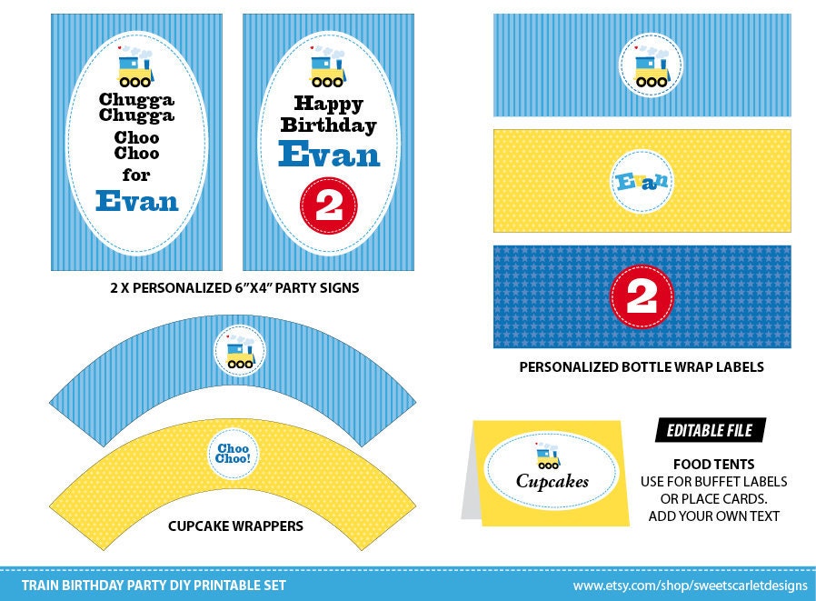 TRAIN Birthday Party Printable Set - Train Invitations, Cupcake Toppers, Party Banner, Backdrop & more