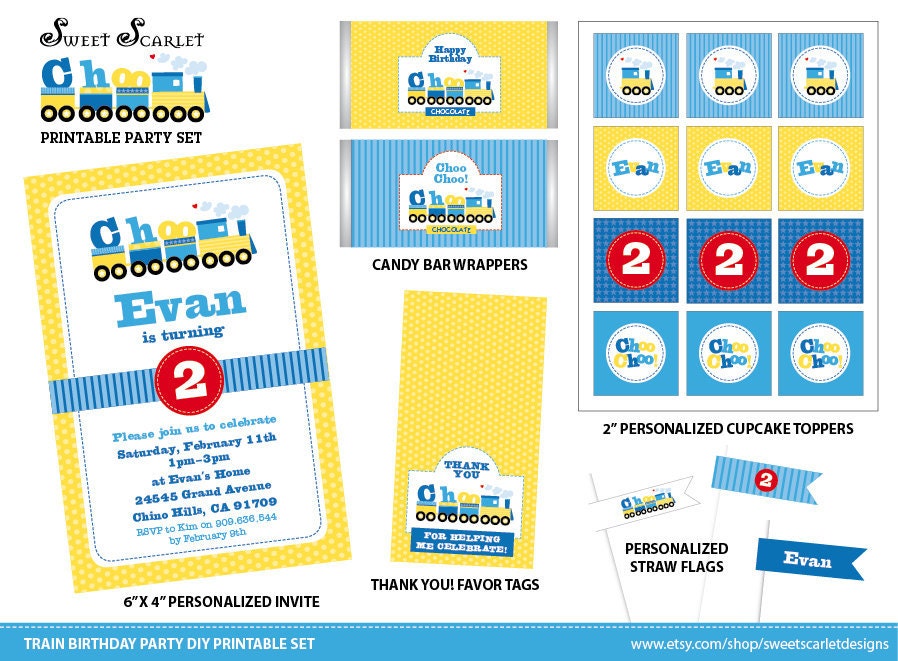 TRAIN Birthday Party Printable Set - Train Invitations, Cupcake Toppers, Party Banner, Backdrop & more