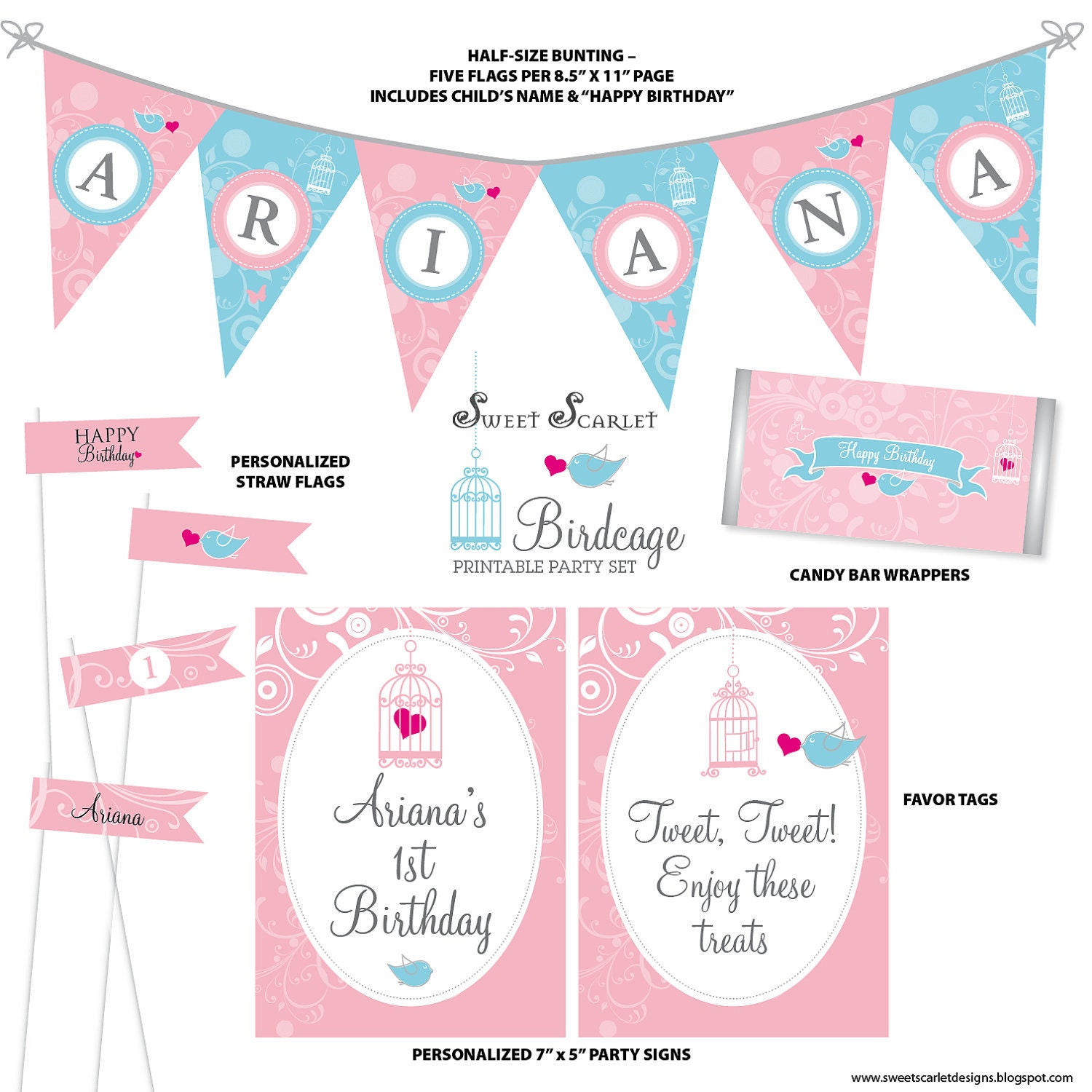 BIRD and Butterfly Birthday Printable Set - Bird Birthday Invitation, Cupcake Toppers, Favor Tags, Candy Wrappers, Bunting and more