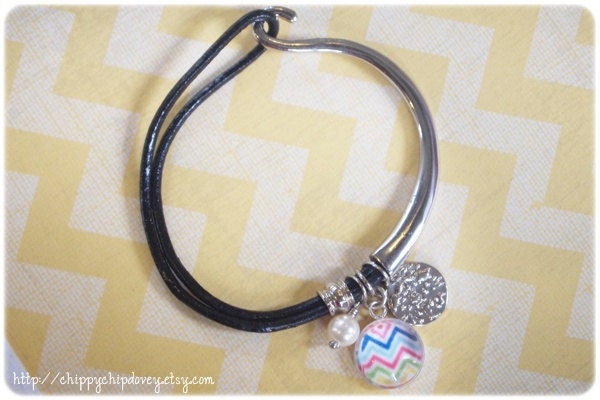 Wish Bracelet - Personalised, Rainbow Chevron, Arm Candy, Silver Plated with Leather