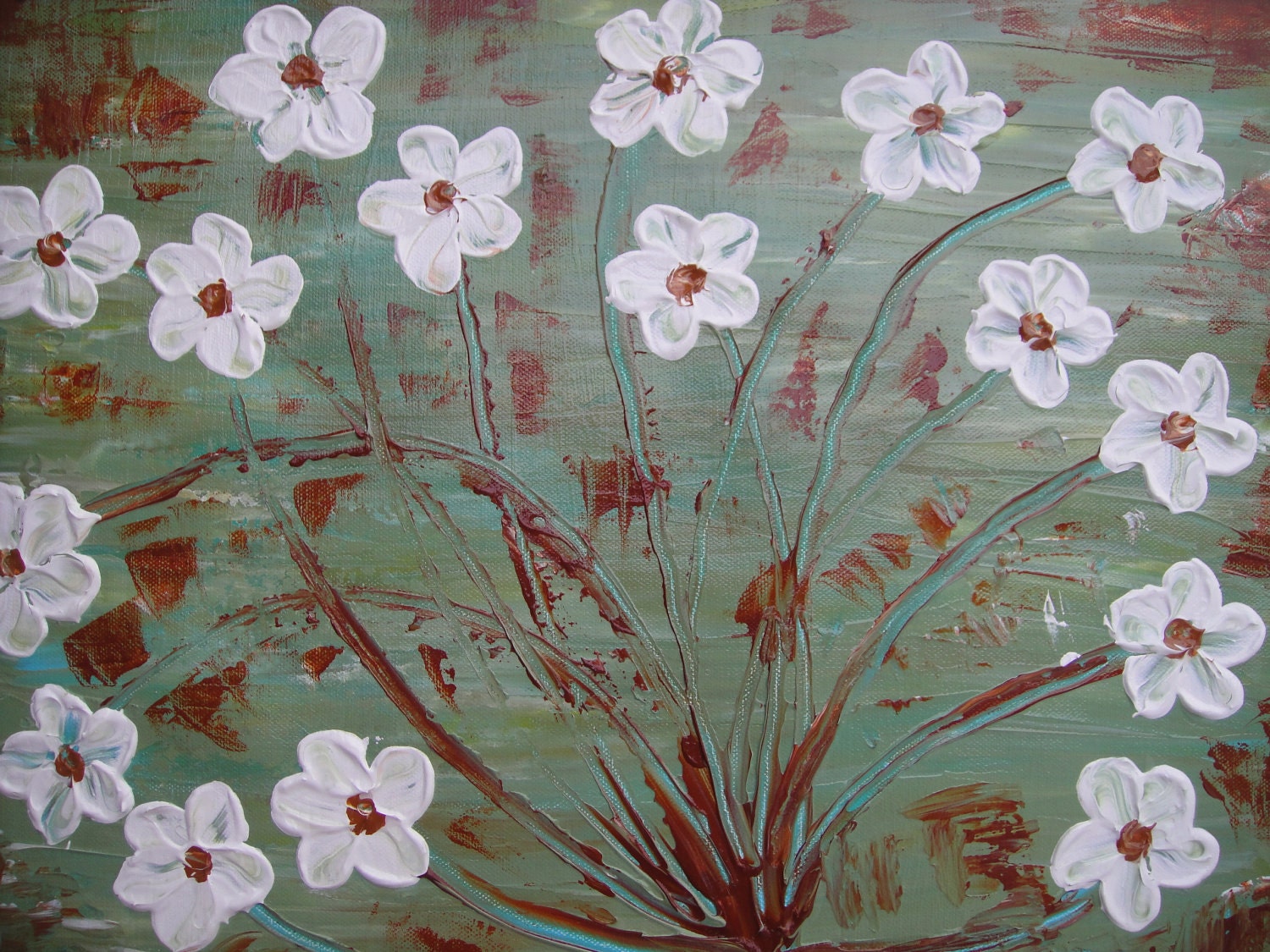 Original Abstract Flower Acrylic Painting on Genuine Canvas Paper - White Flowers on Turquoise 12x16 Background