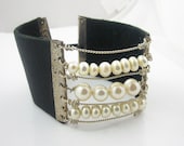 Pearl and Leather Bracelet / Cuff - Modern & Sexy - Sterling Silver