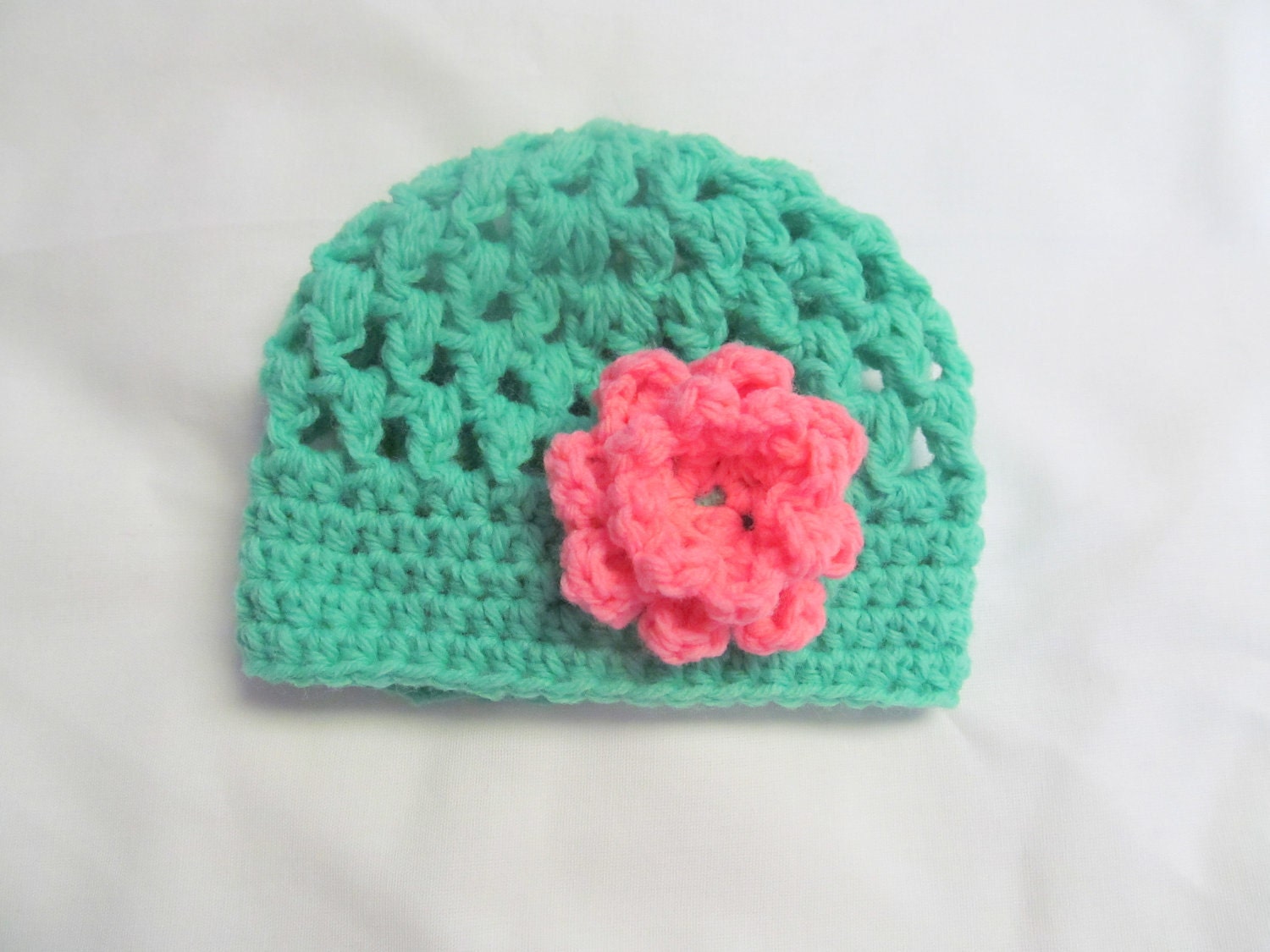 Crocheted Hat with Flower 0-3 month ready to ship