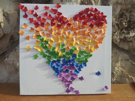 3D Butterfly Art / Butterfly Rainbow Heart / Nursery Decor /Children's Room Decor / Modern Art for Children - Made to Order