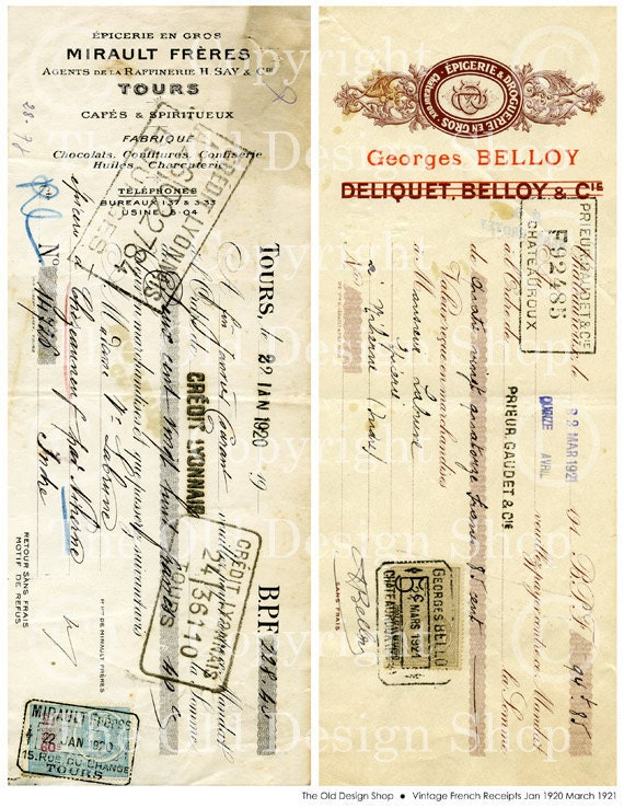 VINTAGE FRENCH RECEIPTS 2 Digital Collage Sheet for Cardmaking Scrapbooking Altered Art Mixed Media
