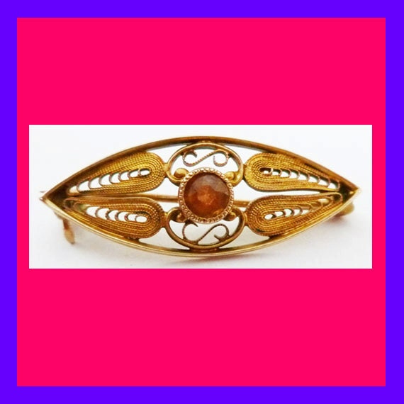 GOLD Marquise PIN, YELLOW stone, Filigree,1920s, handmade brooch