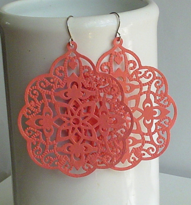 SALE -  Melon -Hand painted faux patina, filigree stamping ,Big bold bohemian lace filigree earrings - InStyleCollections