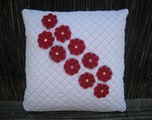 Red Flowers on White Quilted Throw Pillow Cover 16"x16" with Zipper