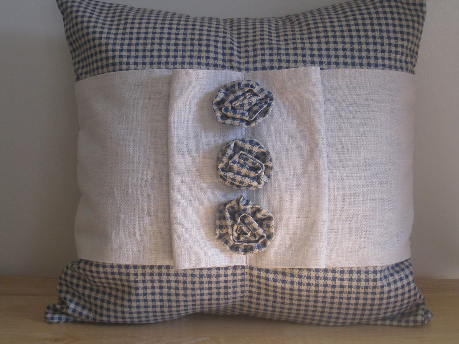 THREE Blue Plaid Roses Throw Pillow Cover 18"x18"  Modern Folds, Home Decor Cotton Fabric, Linen