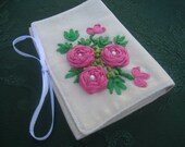 Whimsical Gift Card Pouches 3.25"x4.75", Ribbon Embroidery on Muslin, Pink Ribbon Roses with Pearls in Center
