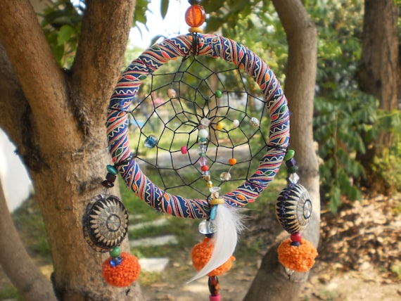 Dream Catcher Handmade with Tribal Hmong Textiles, Beads, Bells, Feathers, Wax Linen and Magic