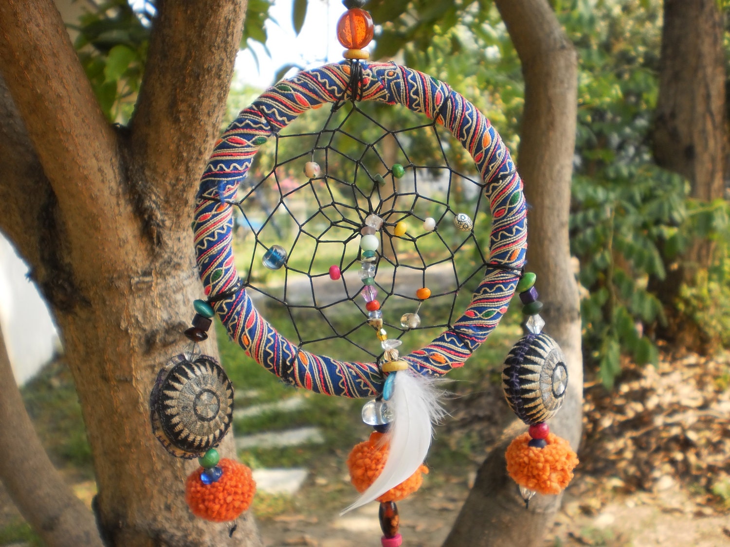 Dream Catcher Handmade with Tribal Hmong Textiles, Beads, Bells, Feathers, Wax Linen and Magic
