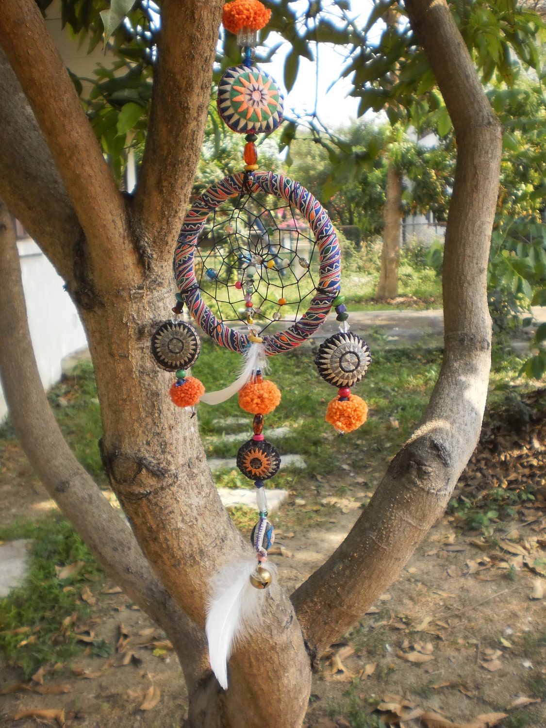 Dream Catcher Handmade with Tribal Hmong Textiles, Beads, Bells, Feathers, Wax Linen and Magic