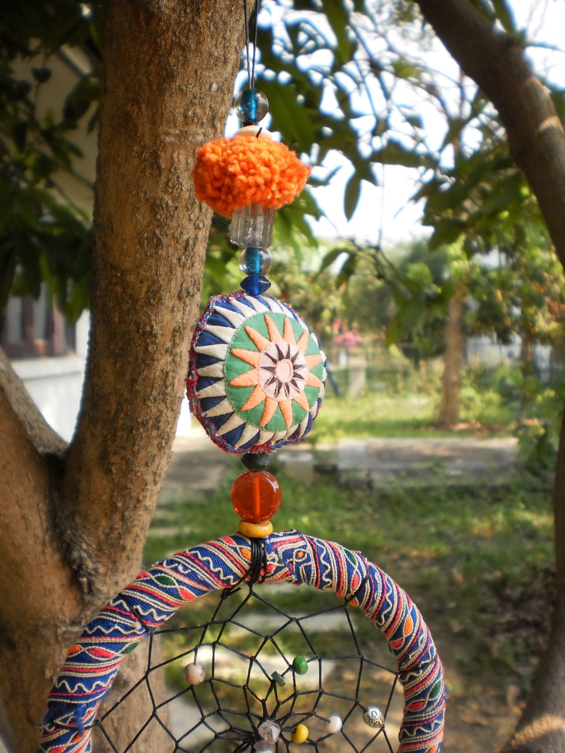 Dream Catcher Handmade with Tribal Hmong Textiles, Beads, Bells, Feathers, Wax Linen and Magic